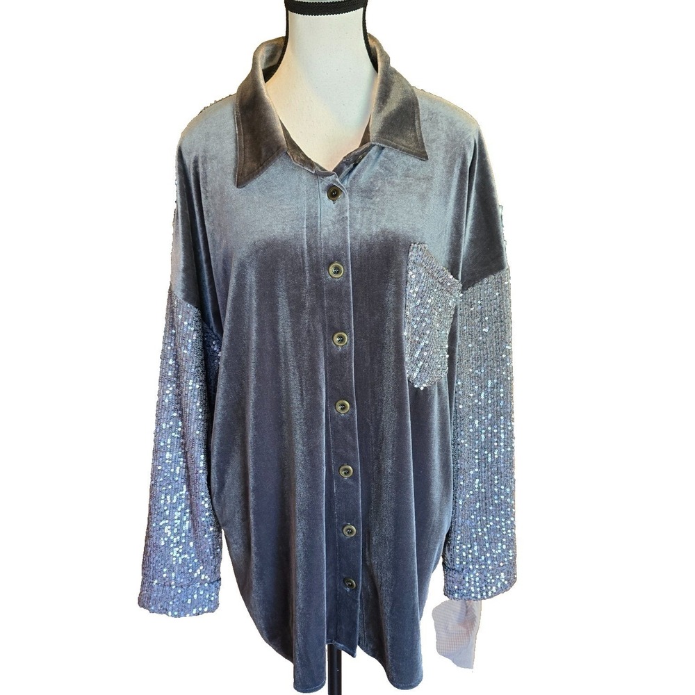Umgee Plus Velvet Sequin Shacket XL Gray Silver Button Front Shirt Jacket NWT